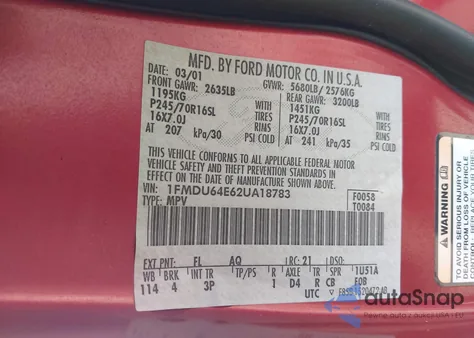 2002 Ford Explorer Eddie Bauer from USA, damaged, VIN 1FMDU64E62UA18783